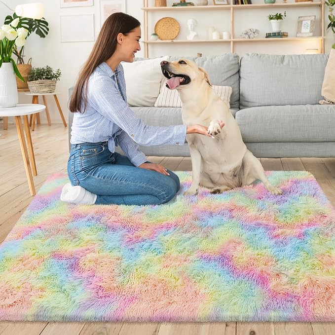 Small Fluffy Rainbow Colorful Area Rug - Image 2
