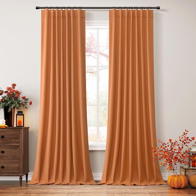 Guken Orange 100% Blackout Linen Curtains 96 Inch Length 2 Panels Set - Image 2