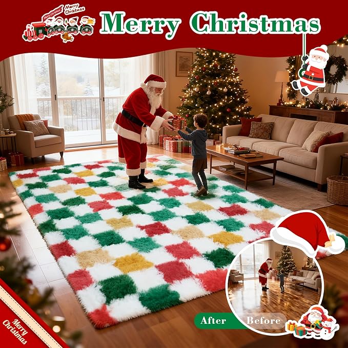 Checkered Area Rug 8x10 for Living Room Bedroom, Christmas Shag Rug Fuzzy - Image 3