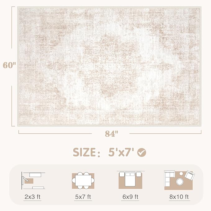 Area Rug 5x7 Vintage Rugs: Washable Living Room Rug Retro Medallion Distressed - Image 2
