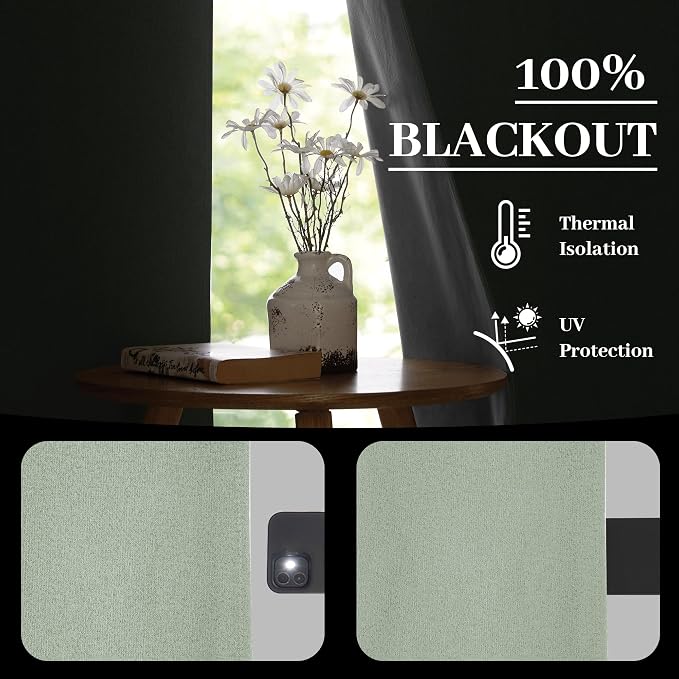 RYB HOME Light Green Curtains 100% Blackout, Linen Window Treatment Panels - Image 3