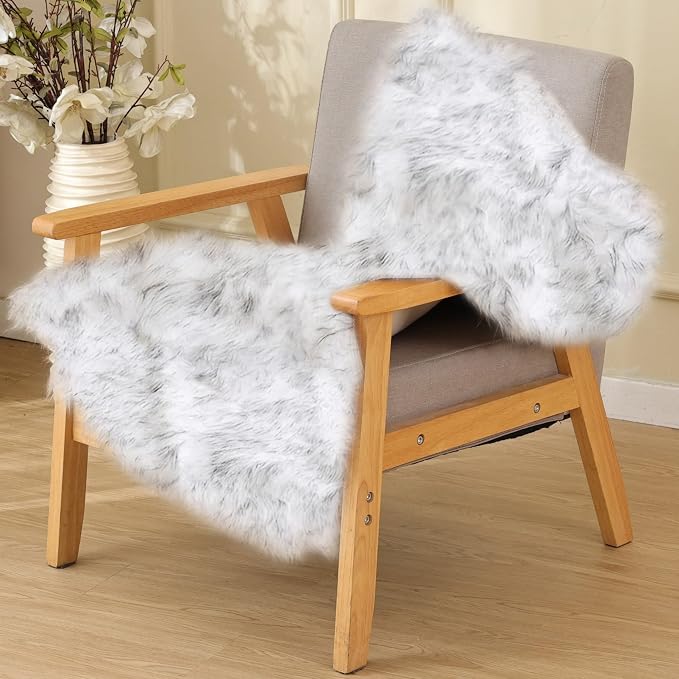 ORINOVA White and Grey Faux Fuzzy Fur Sheepskin Washable Area Rugs by ORINOVA