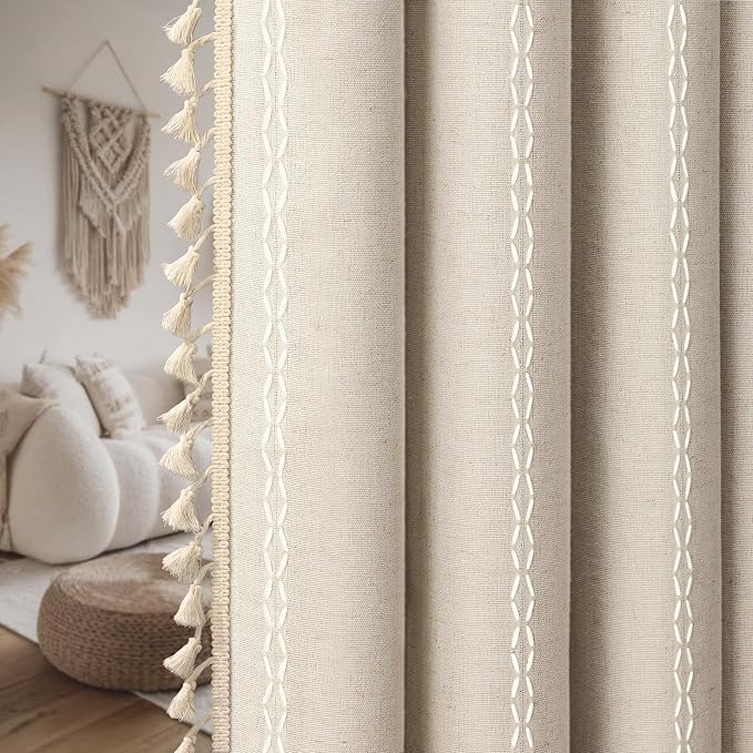 Boho Blackout Curtains 90 Inches Long Beige Linen Blend 2 Panels - Image 9