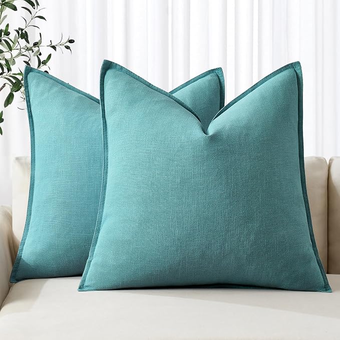 MIULEE Decorative Linen Pillow Covers 20x20 Inch Turquoise ​Boho Farmhouse​ by MIULEE