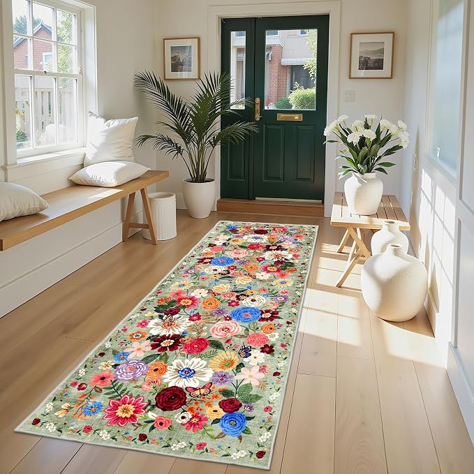 Rug for Hallways Kitchen Rug 2x8 Green, Non Slip Washable Rugs - Image 2
