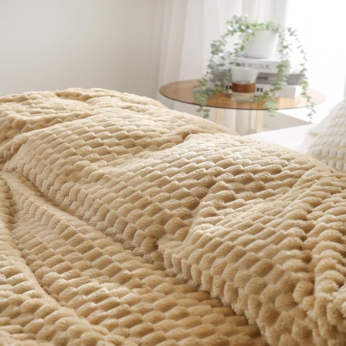 Puncuntex Beige Throw Blanket 108"×90" inches Fuzzy 3D Jacquard Decorative - Image 2