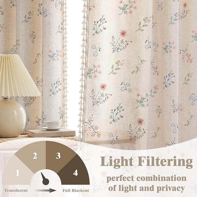 Boho Floral Light Filtering Curtains 72 Inch 2 Panels Linen Texture | Farmhouse - Image 3