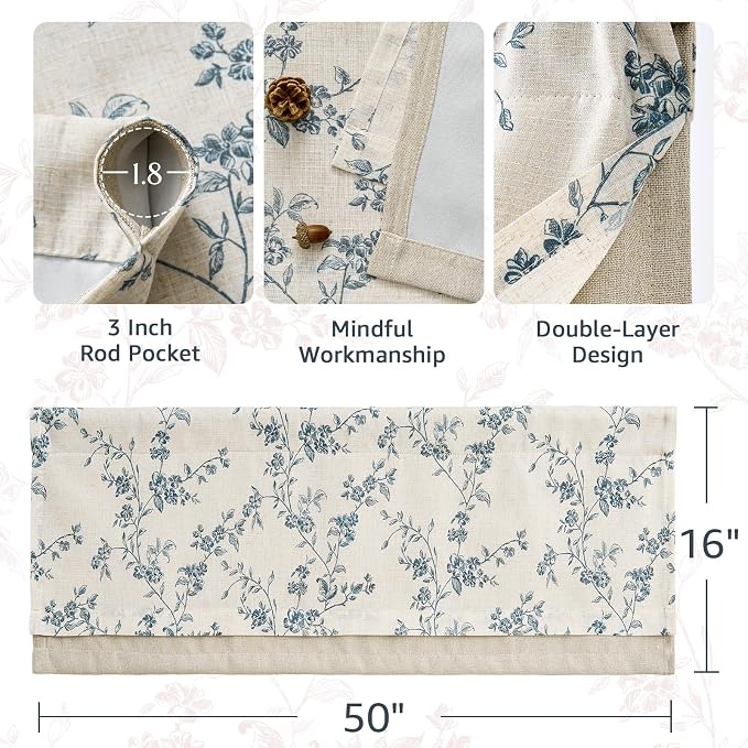 jinchan Linen Kitchen Valance for Windows 16 Inch Floral Double Layer Valance - Image 5