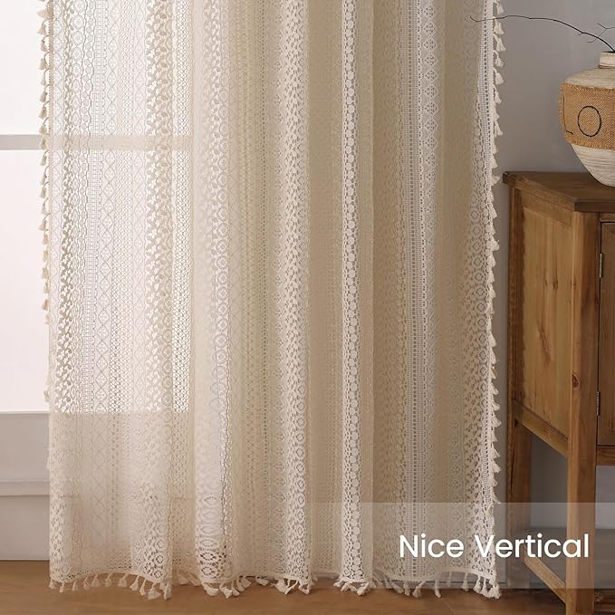 WAZZIO Boho Lace Curtains 90 Inches 2 Panel, Light Filtering Privacy Tassel & - Image 6