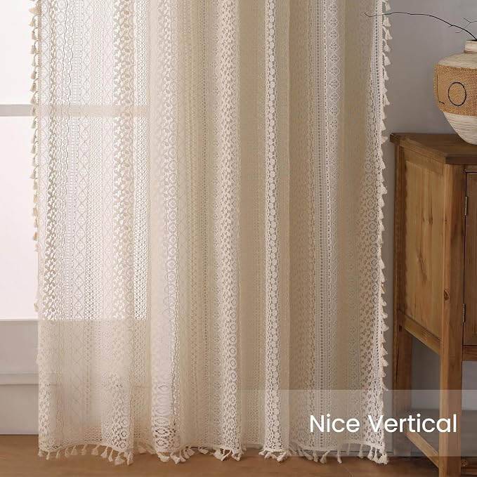 WAZZIO Boho Lace Curtains 54 Inches 2 Panel, Light Filtering Privacy Tassel & - Image 6