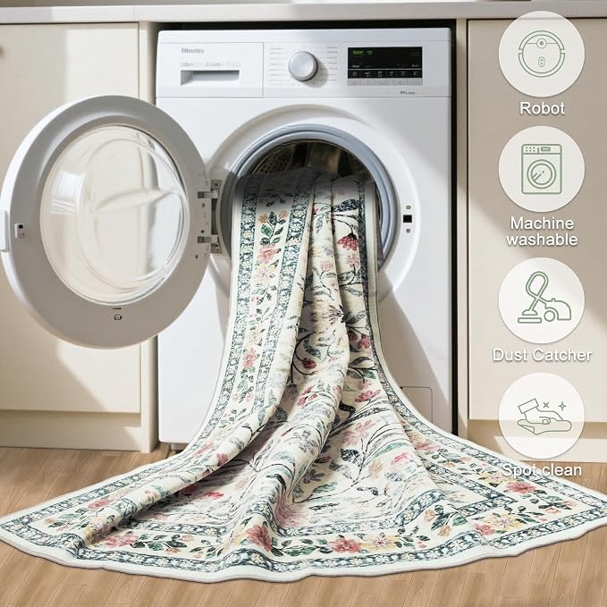 PLHXFR 8x10 Area Rug Living Room: Floral Washable Boho Carpet Green Beige | - Image 5