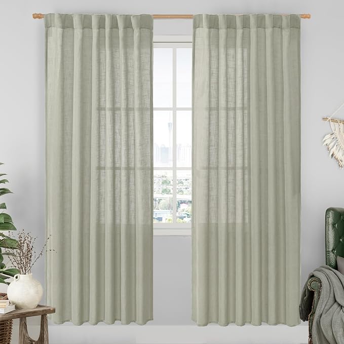 LAMIT Sage Grey Linen Boho Curtains 80 inch Length 2 Panels, Light Filtering by LAMIT
