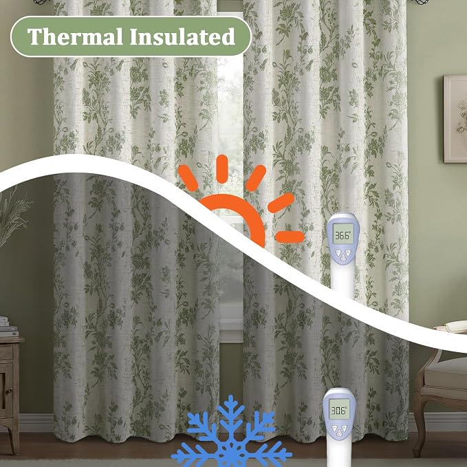 Floral Blackout Sage Green Curtains 90 Inch Length 2 Panels Set, Linen Texture - Image 5
