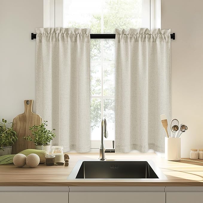 RYB HOME Kitchen Curtains, 30 inches Long Linen Rod Pocket Semi Sheer Cuartins - Image 7