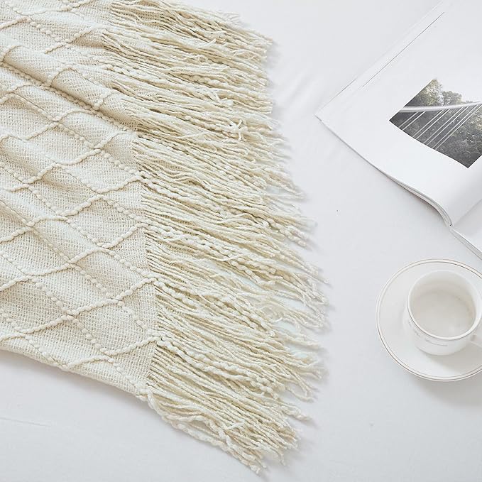 BOURINA Beige Throw Blanket 50 x90 Inches Throw Textured Solid Soft Sofa Throw - Image 6