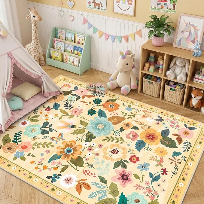 RELEANY Floral Washable 6x9 Area Rugs Ivory/Yellow | Flower Carpet Print Boho - Image 2