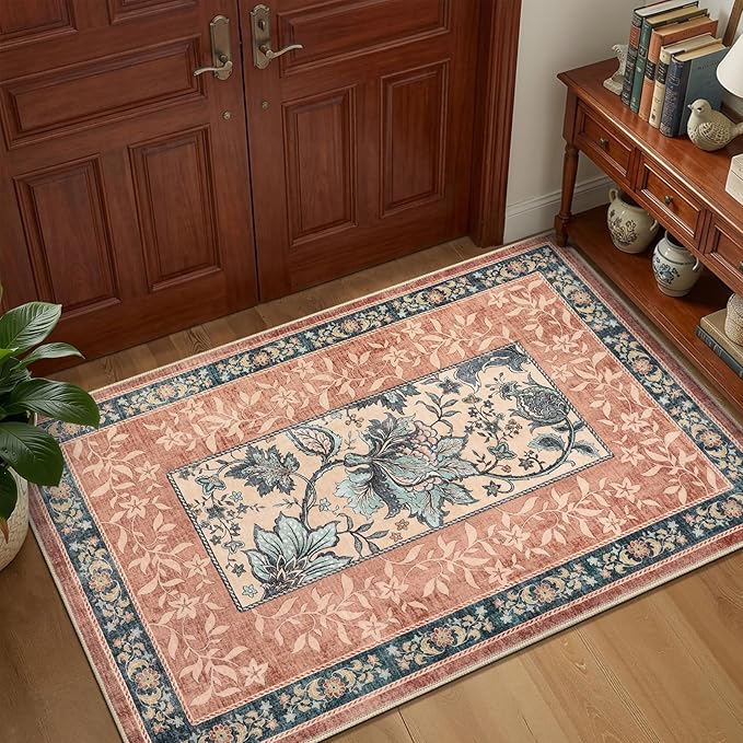 GarveeHome Terracotta Teal Area Rugs 9x12 Living Room, Botanical Grove Cottage - Image 4