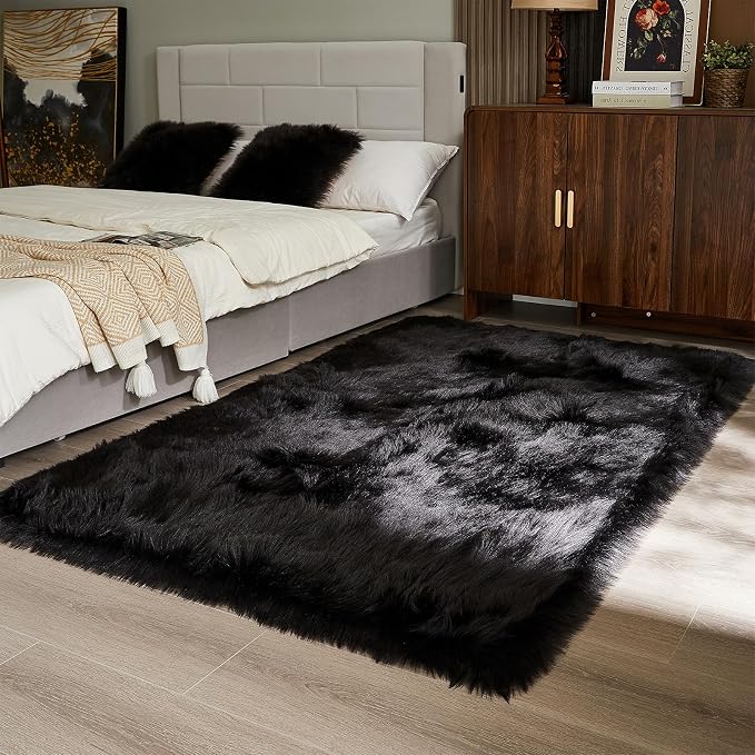 AMTOVO Faux Fur Sheepskin Rug for Living Room, 4 x 6 ft Black Fluffy Area Rug - Image 5