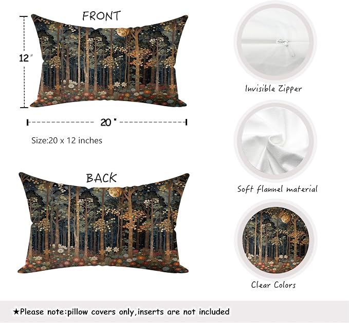 Rustic William Morris Inspired Forest Moon Pillow Covers 12x20 Set of 4 - Image 2