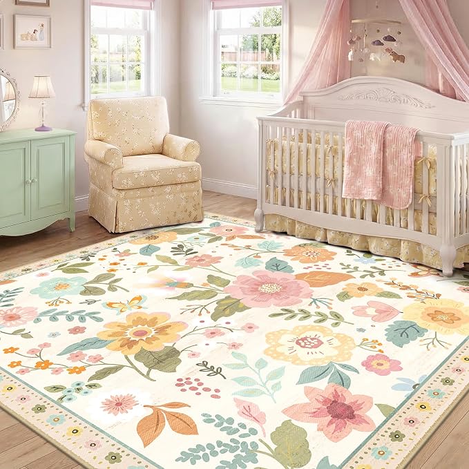 RELEANY Floral Washable Square 6ft Area Rug Beige/White/Orange | Flower Carpet - Image 6