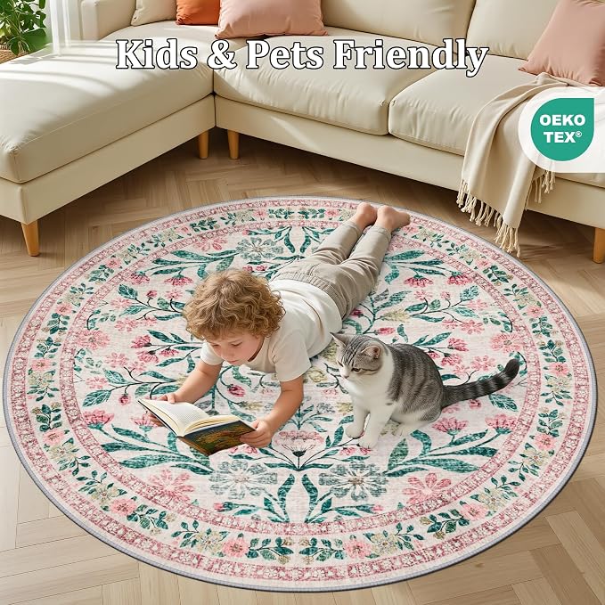 Round Area Rug for Living Room: 6 ft Floral Washable Circle Rug Soft Boho - Image 8