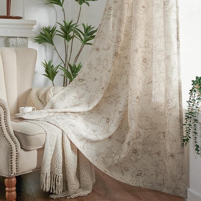 jinchan Floral Linen Curtains for Living Room 63 Inch Length Taupe Flower - Image 8