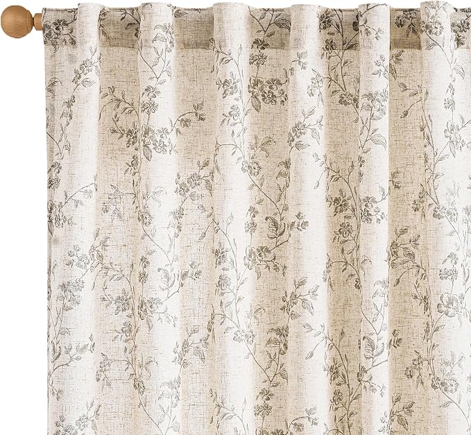 Lazzzy Linen Farmhouse Curtains Grey Floral Curtains 63 Inch Long Back Tab by Lazzzy