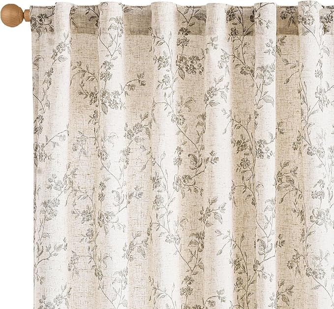 Lazzzy Grey Floral Linen Curtains 84 Inch Length Farmhouse Curtain Back Tab by Lazzzy