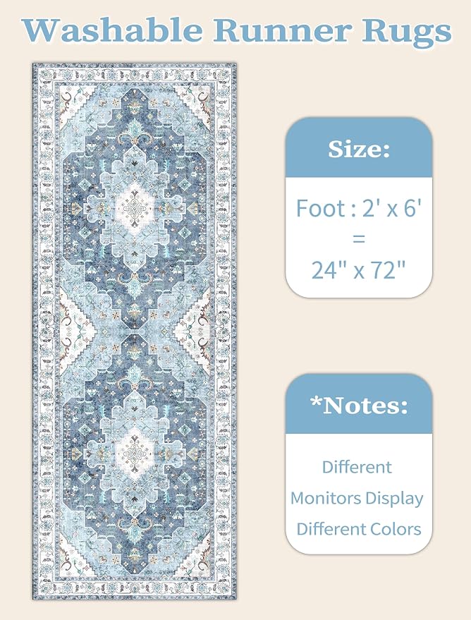 SERISSA Boho Washable Runner Rug, 2x6 Rug Non-Slip Vintage Blue Hallway Kitchen - Image 6