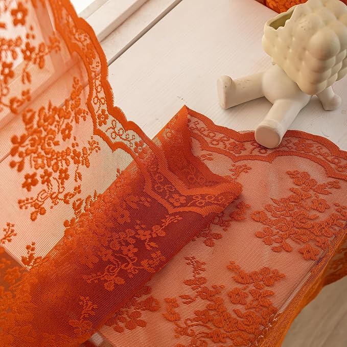 YJ YANJUN Vintage Lace Curtains 108 Inches Long- Burnt Orange Floral Sheer - Image 5