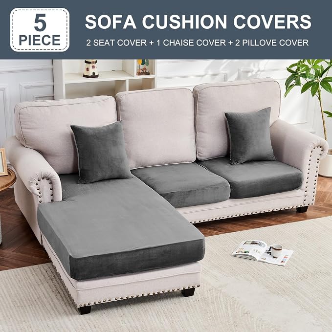 Couch Cover 3-Piece Elastic Velvet Couch Cushion Covers & Chaise Slipcovers - Image 5