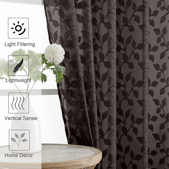 Chyhomenyc Chocolate Sheer Curtains 36 Inch Length, Light Filtering Leaf Tufted - Image 3