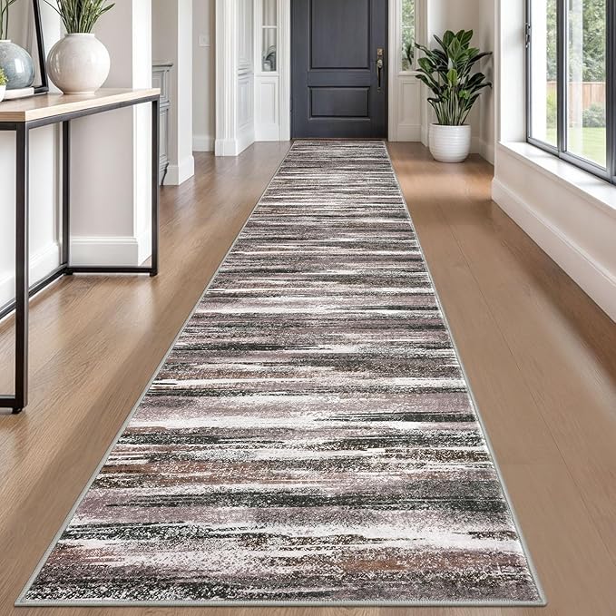 Lansny Modern Abstract Runner Rug 2.6x18, Dark Light Brown White Washable Long by lansny