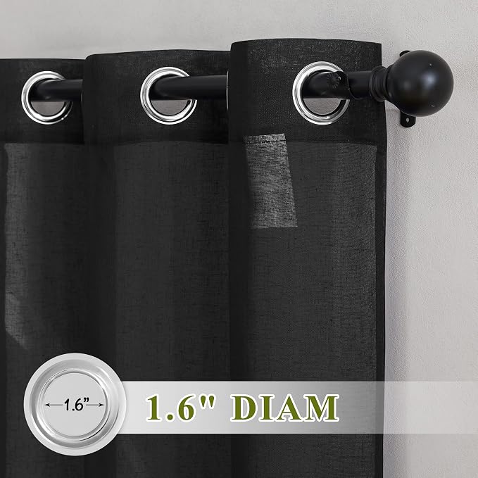 NICETOWN Black Sheer Curtains for Bedroom, Grommet Linen Blend Semi Sheer - Image 2