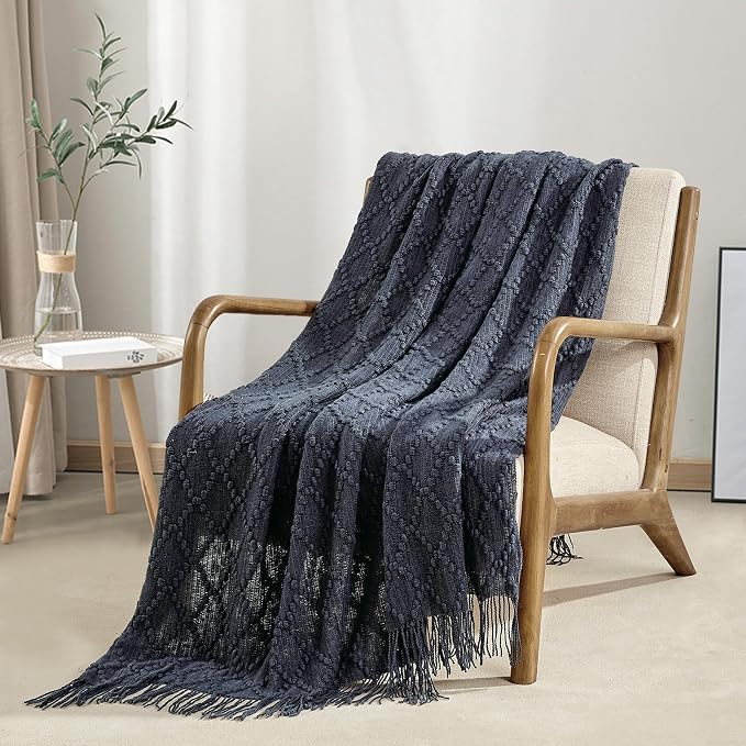 BOURINA Navy Throw Blanket 50 x70 Inches Jacquard Argyle Throw Textured Solid - Image 2