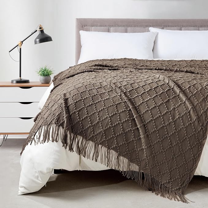 BOURINA Brown Throw Blanket 50 x70 Inches Jacquard Argyle Throw Textured Solid by BOURINA