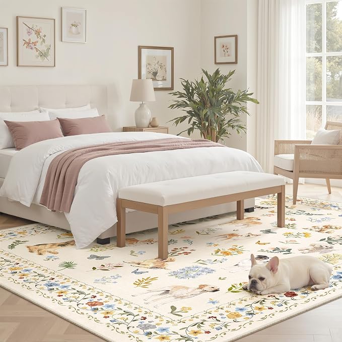 Dog 6x9 Area Rugs for Living Room, Machine Washable Animal Floral Vintage Rug - Image 3