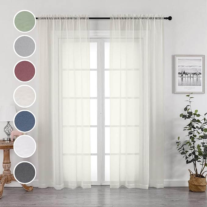 OWENIE Sheer Curtains 84 inch Length, Ivory Sheer Cutains 2 Panels Set - Image 2
