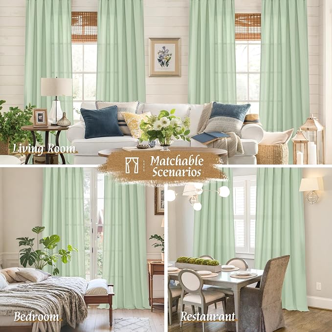 LAMIT Light Green Linen Window Curtains 63 Inch Length, Light Filtering Neutral - Image 6