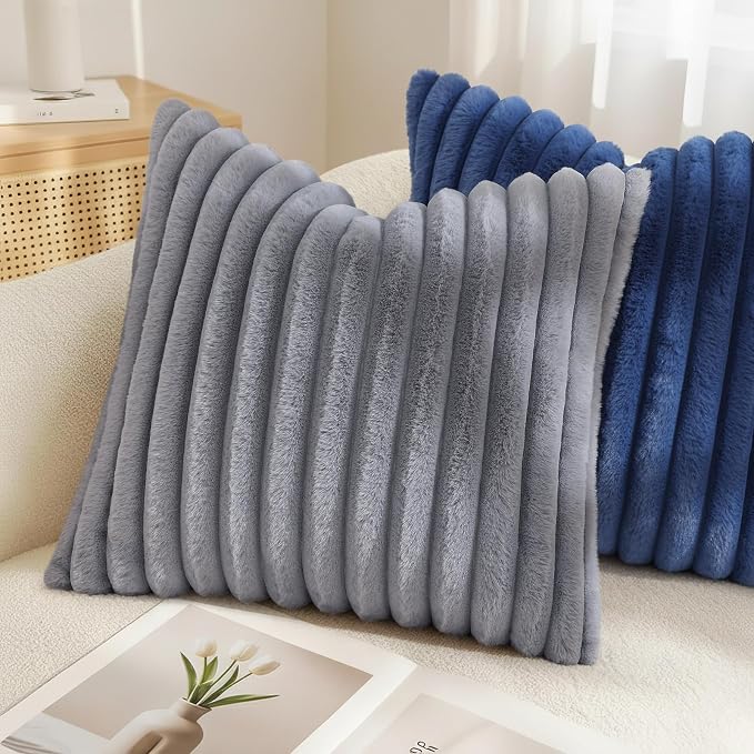 decorUhome Fall Faux Fur Throw Pillow Covers 18x18 Set of 2 Grey | Decorative - Image 4