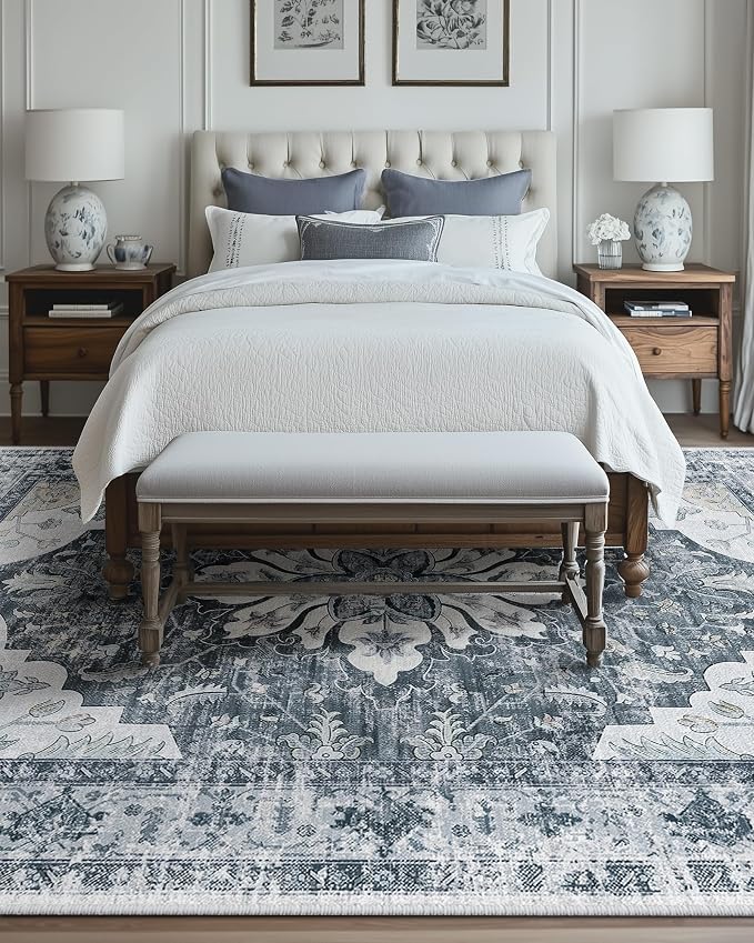 Area Rugs 9'x12' Washable Non-Slip, Floral Vintage Distress Print Pattern - Image 2