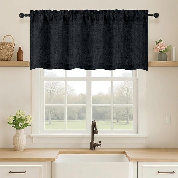 OVZME Black Valance for Windows, Light Filtering Faux Linen Textured Small by OVZME
