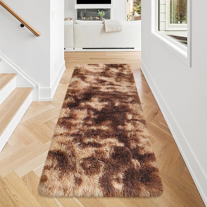Super Soft Fluffy Living Room Area Rug 2x5 ft Tie-Dyed Brown Shaggy Furry - Image 2