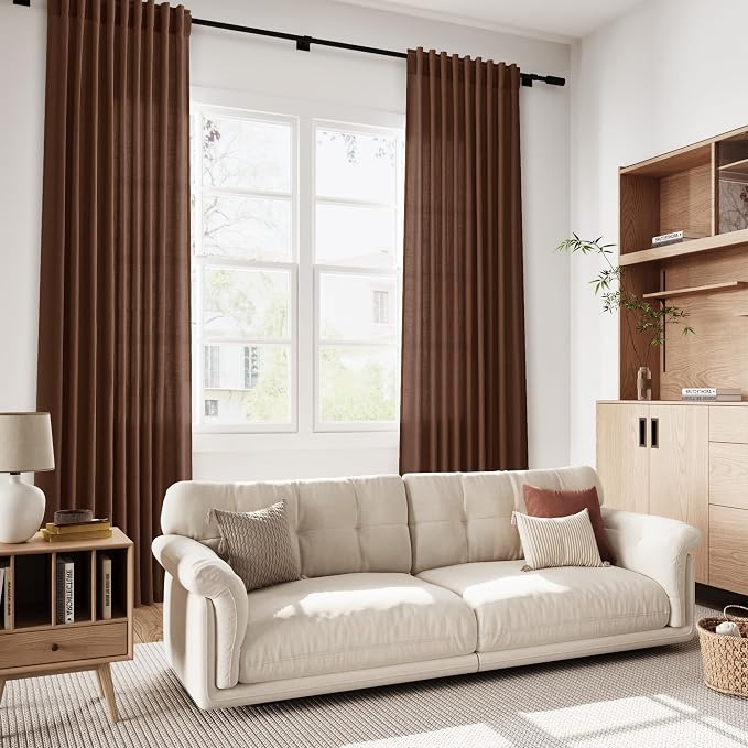 Mocha Brown Linen Curtains 102 Inches Long Rod Pocket Back Tab Drapes 2 Panels - Image 5
