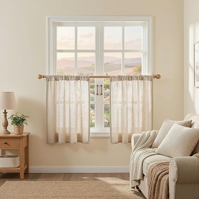 MYSKY HOME Kitchen Semi Sheer Oatmeal Curtains 24 Inch Long, Light Filtering by MYSKYHOME
