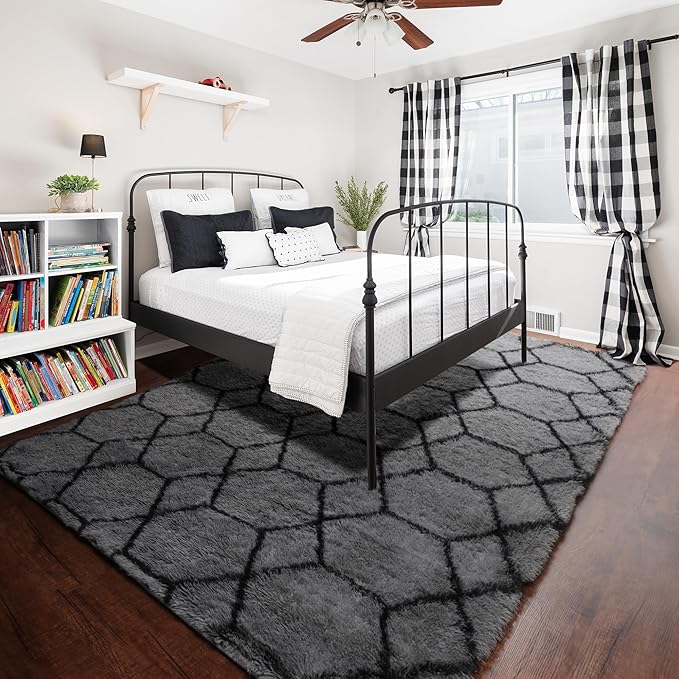6x9 Area Rugs for Living Room Bedroom, Fluffy Grey and Black Geometric Rug | - Image 8