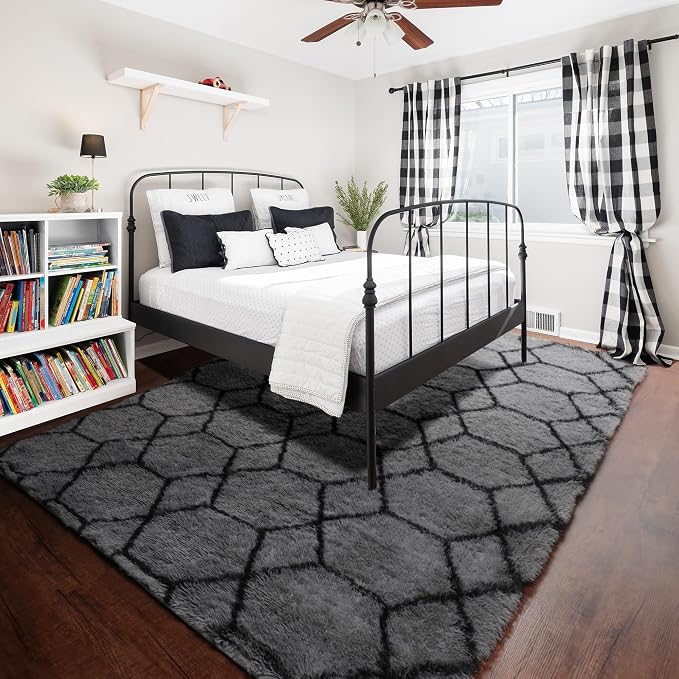 5x7 Area Rugs for Living Room Bedroom, Fluffy Grey and Black Geometric Rug | - Image 7