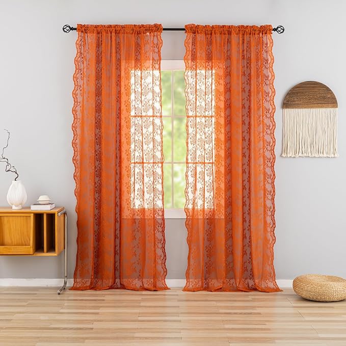 YJ YANJUN Vintage Lace Curtains 84 Inches Long-Rustic Floral Bohemian Burnt - Image 2