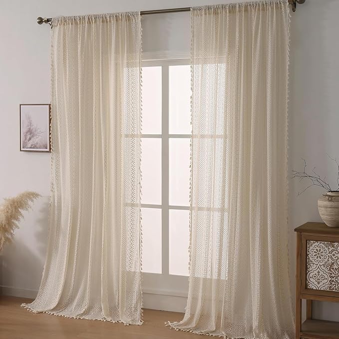WAZZIO Boho Lace Curtains 90 Inches 2 Panel, Light Filtering Privacy Tassel & - Image 3