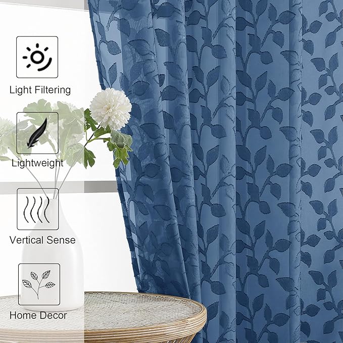 Chyhomenyc Dusty Blue Sheer Curtains 36 Inch Length, Light Filtering Leaf - Image 3